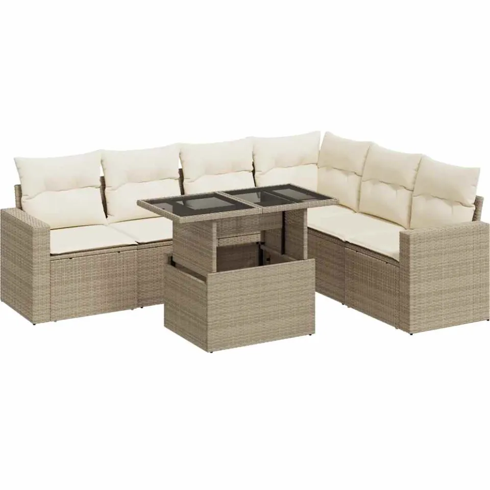 vidaXL 7-delige Loungeset met kussens poly rattan beige, foto 3