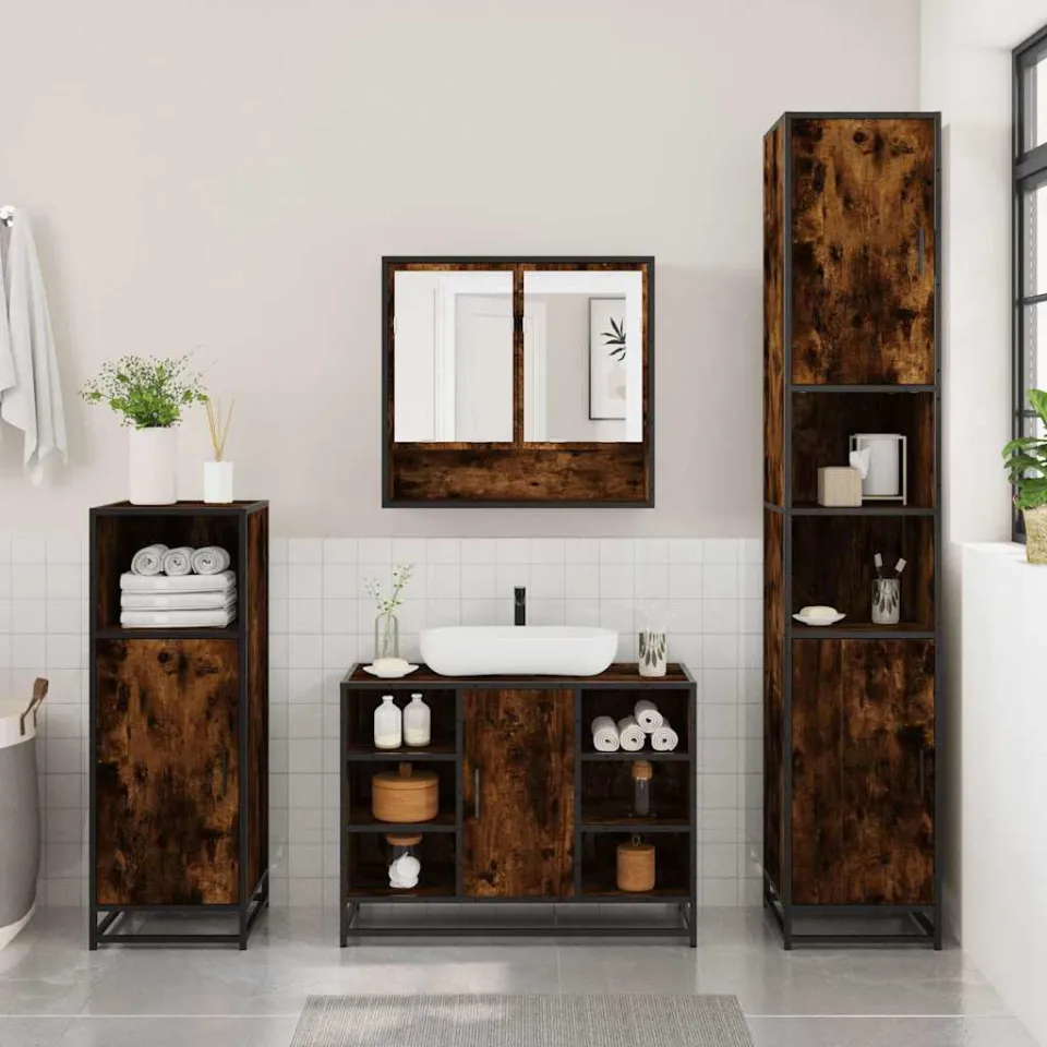 vidaXL 4-delige Badkamermeubelset bewerkt hout gerookt eikenkleurig, foto 2