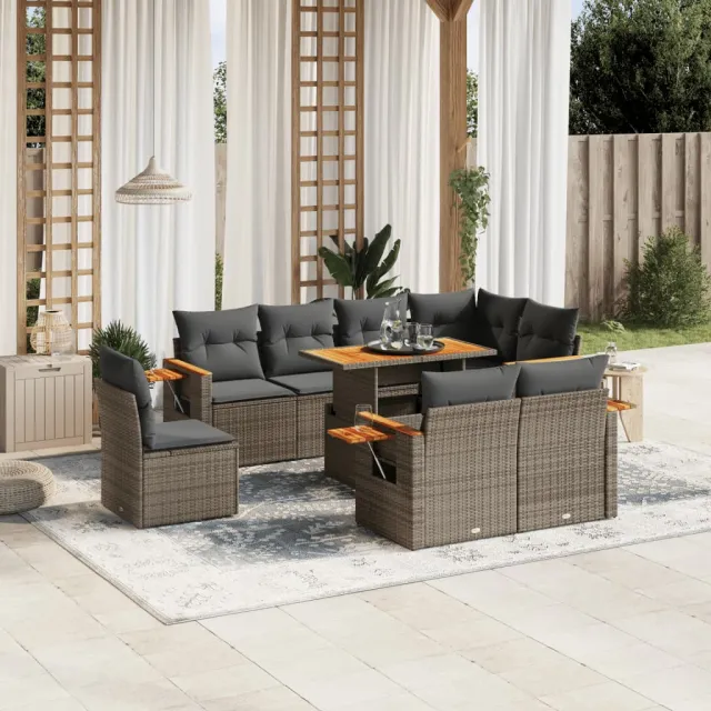 vidaXL 9-delige Loungeset met kussens poly rattan grijs, foto 2