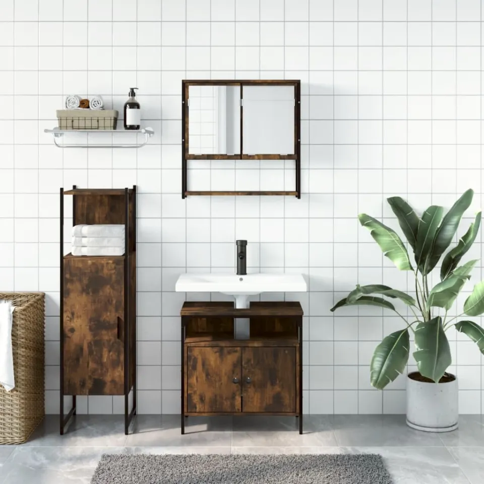 vidaXL 3-delige Badkamermeubelset bewerkt hout gerookt eikenkleurig, foto 2