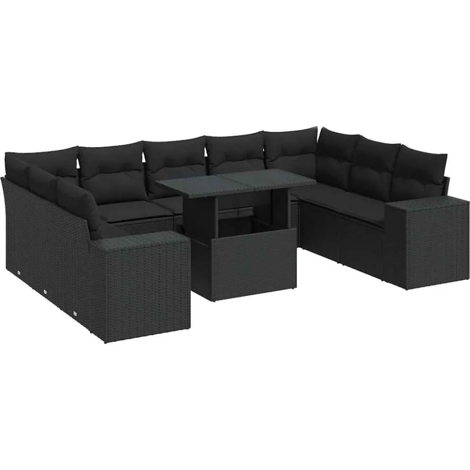 vidaXL 10-delige Loungeset met kussens poly rattan zwart, foto 3