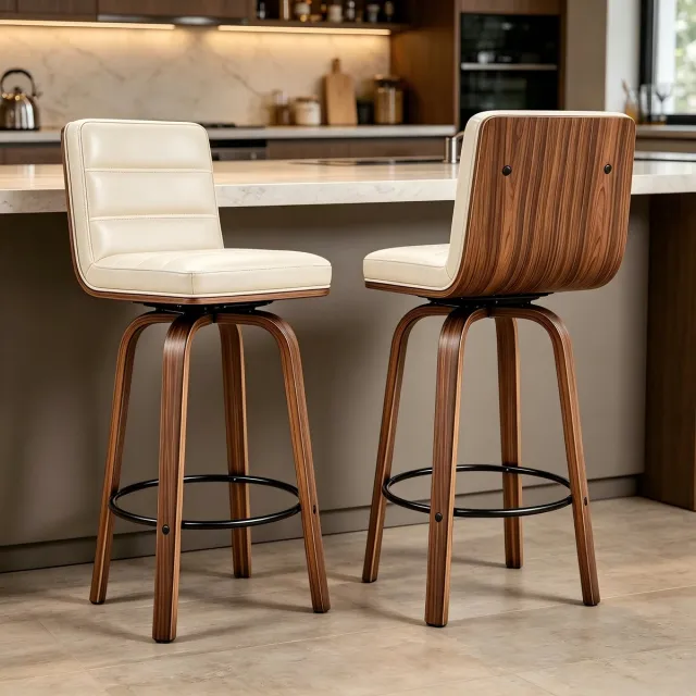 Pugsdrly Draaibare barkruk met PU-leren bekleding en gebogen houten poten; 360° draaistoel voor keuken, bar en toonbank Crème
