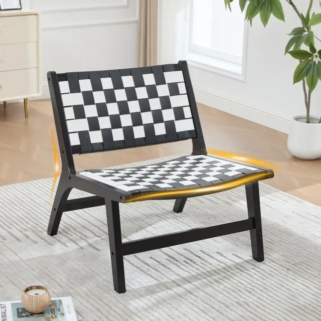 DESMIU Fauteuil 71 x 66 x 72 cm - Geweven Zwart-Wit Patroon - Voor Woonkamer En Slaapkamer - Hout En Kunststof Zwart-Wit