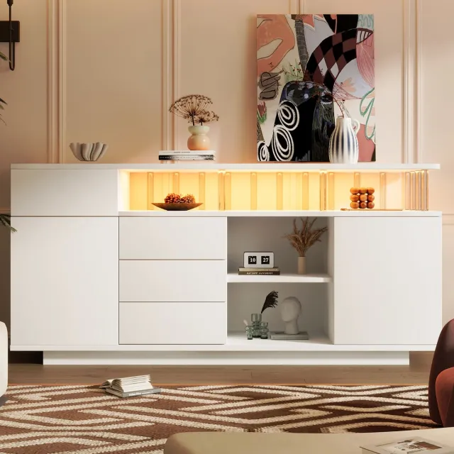 VVBV Dressoir 160x40x75 cm – Opbergmeubel met Opbergruimte, 4 Lades, Legplanken, LED-Verlichting en Soft-Close – Voor Woonkamer – Voor Hal en Entree – Wit