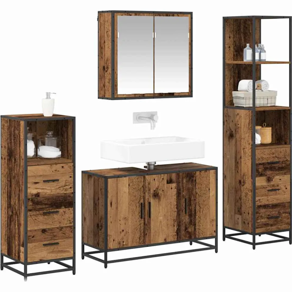 vidaXL Badkamermeubelset 4 st Oud Hout 90 x 33 x 60 cm Bewerkt hout Bruin