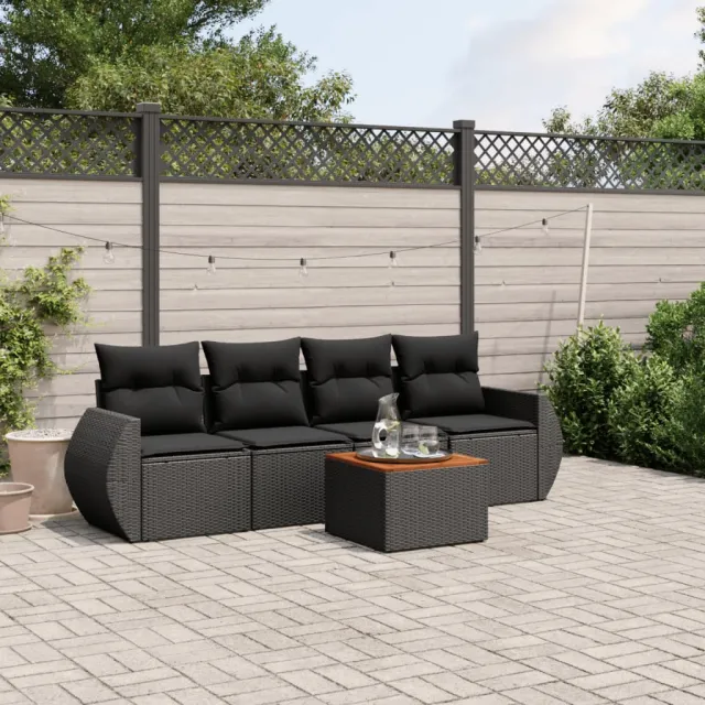 vidaXL 5-delige Loungeset met kussens poly rattan zwart, foto 2
