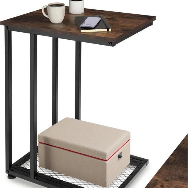 Tectake C-Vormige Bijzettafel van Hout en Metaal – Industrieel Design, Salontafel met Gaasplank, 48x35x66 cm, Zwart Metalen Frame – Industrial Dark Brown Donkerbruin - Rustiek