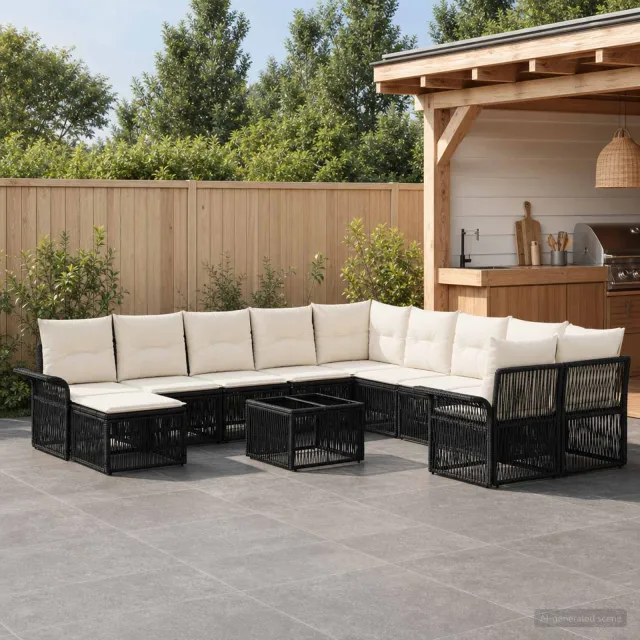vidaXL Tuinbankenset 12 st 11-zits Zwart en Cream Wit poly rattan