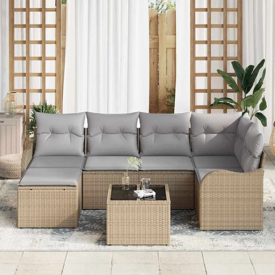 vidaXL Tuin Sofa Set 7 st Beige en Licht Grijs poly rattan, foto 3