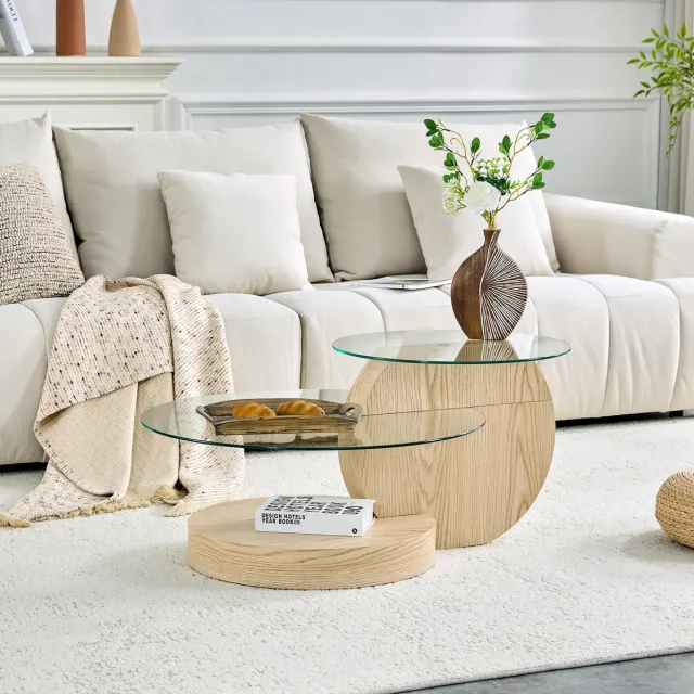 FloraGrace Salontafel - 2-Laags Rond Design Met Veiligheidsglas - Voor Woonkamer En Interieur - Hout En Glas - 90x90x44 Cm Wood