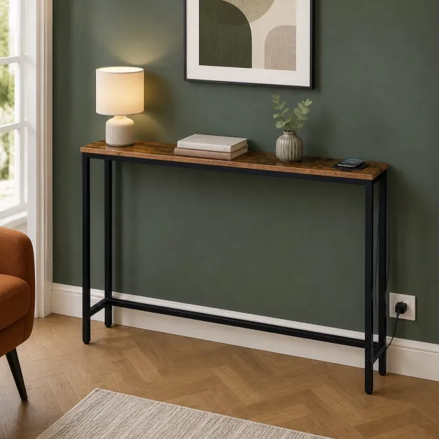 Trankielo Compacte Consoletafel met Stopcontacten en USB-aansluitingen – Multifunctionele Bijzettafel voor Hal en Gangen Vintagebruin + Zwart