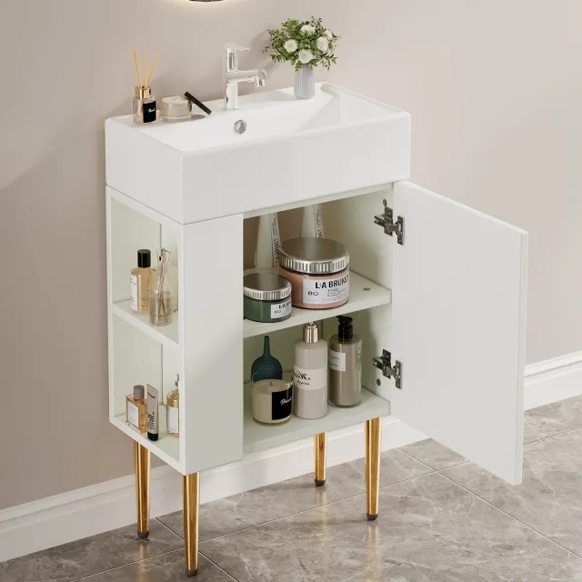 REDOM Waschbecken met waschtischunterschrank - Compact 55 cm - Opbergkast met open vak - Staand model - Badkamermeubel - MDF - Wit - 55 x 31 x 66,5 cm