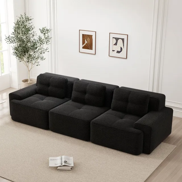 FloraGrace Modulaire Hoekbank 3 Zits 74 Cm Diepzitting - Wolkenzacht Boneless Ontwerp - Antislip Basis - Voor Woonkamer - Corduroy - Zwart