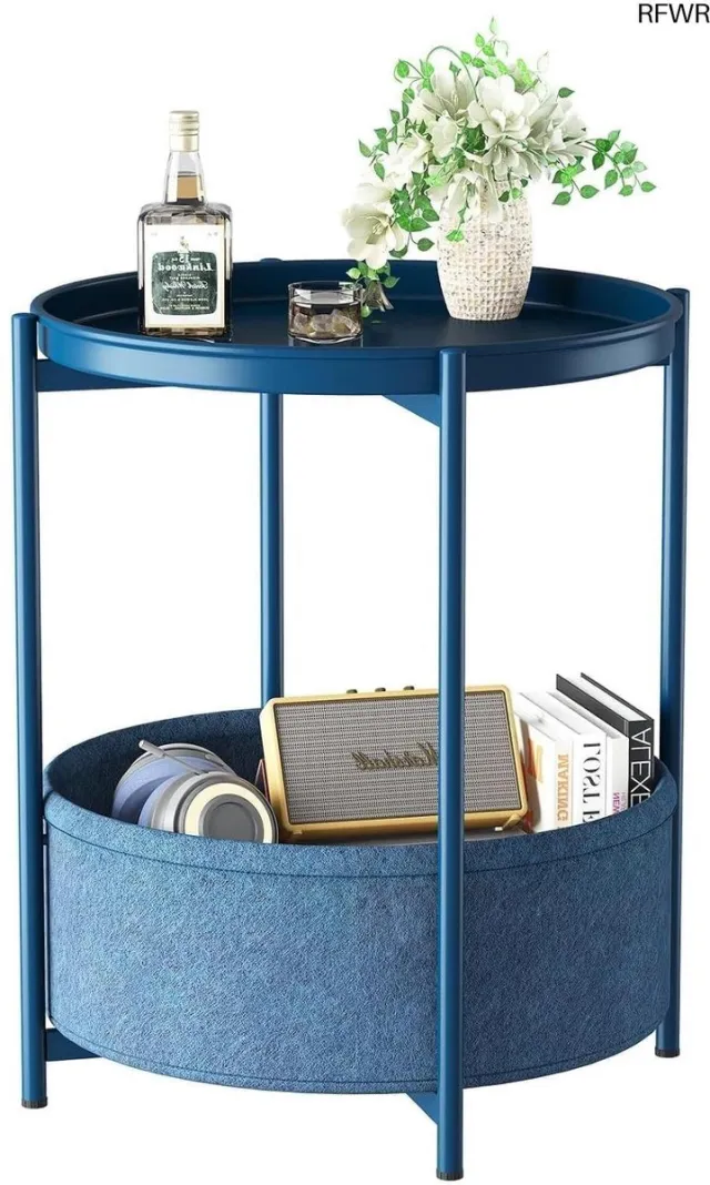 RFWR Ronde Bijzettafel met Mand en Metalen Dienblad voor Kleine Ruimtes Blauw
