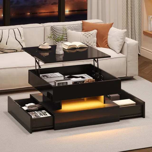 Maisentiel Salontafel 65 x 65 cm met hefblad, LED, 2 lades, hoogglans spaanplaat, zwart