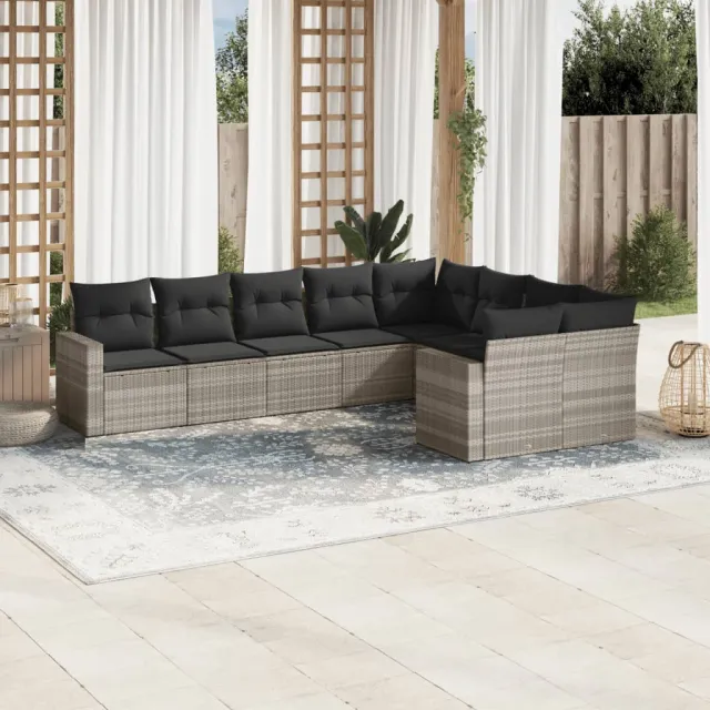vidaXL 9-delige Loungeset met kussens poly rattan lichtgrijs grijs, foto 2