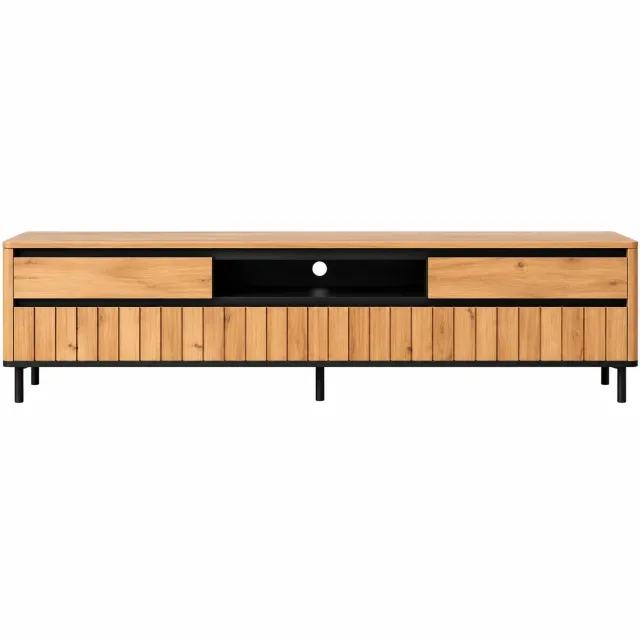 VILIMA Tv meubel - Tv kast - 180 x 40 x 52 cm - Industriële look - 2 lades - 2 deuren - 6 poten - Licht hout - Zwart metaal