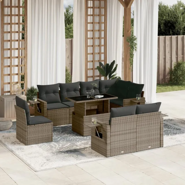 vidaXL 9-delige Loungeset met kussens poly rattan grijs, foto 2