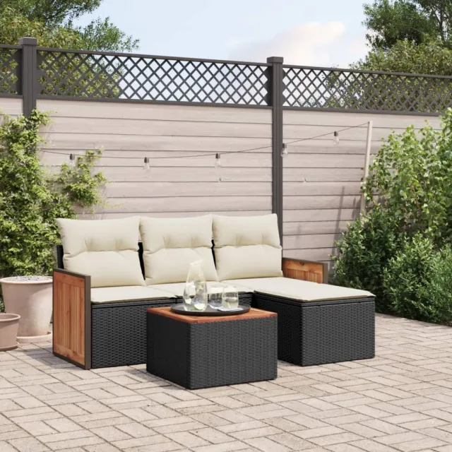 vidaXL 5-delige Loungeset met kussens poly rattan zwart, foto 2