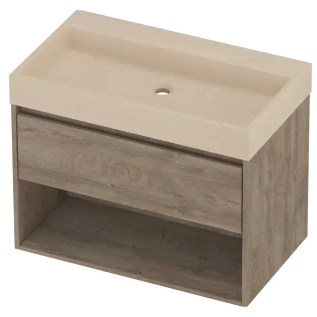 Proline Evoli Badmeubelset Hardsteen Loft Zonder Kraangat Met Schap 80x46x62 cm Sand Stone Raw Oak Eiken