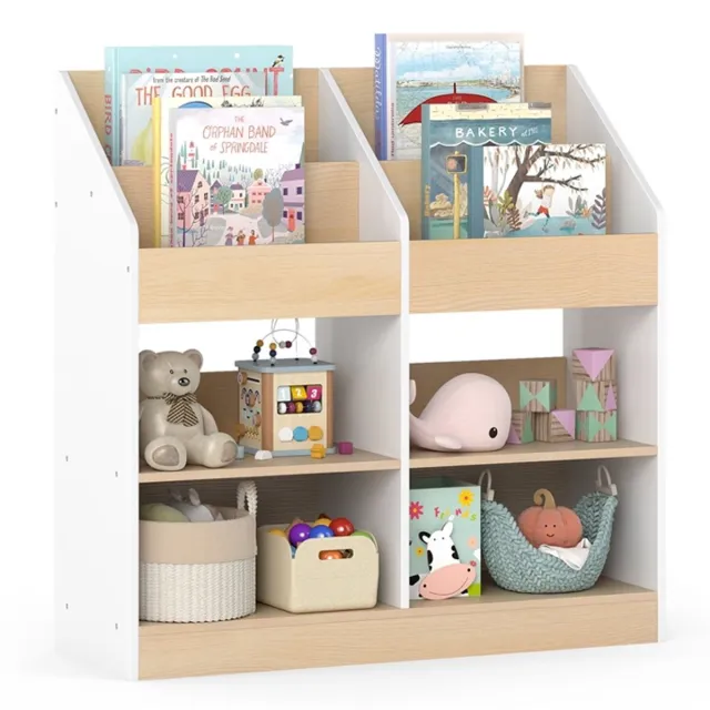 KOMFOTTEU Kinderboekenkast met 4 planken en 4 vakken, houten kinderboekenkast met anti-kantelbeveiliging, speelgoedkast voor kinderkamer, speelkamer en kleuterschool, 80 x 29,5 x 80 cm wit