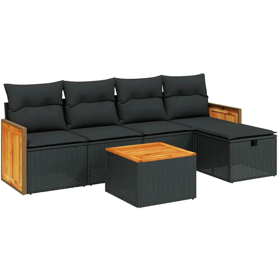 vidaXL 6-delige Loungeset met kussens poly rattan zwart, foto 3