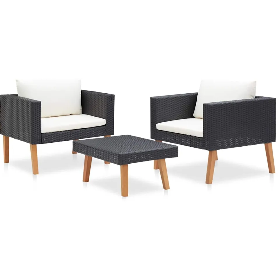 vidaXL 3-delige Loungeset met kussens poly rattan zwart, foto 3