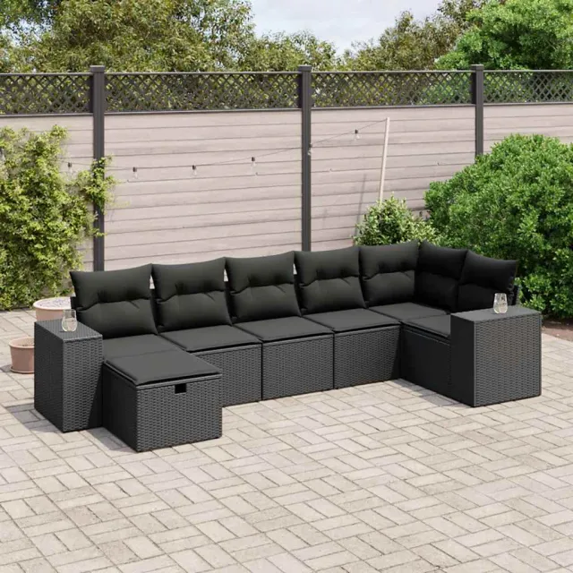 vidaXL 7-delige Loungeset met kussens poly rattan zwart, foto 2