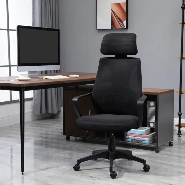 STILVORA Bureaustoel 64 x 55 x 126 cm - Verstelbare Hoogte Met Wipfunctie En Hoofdsteun - Voor Kantoor En Thuiswerkplek - Netstof - Zwart Black