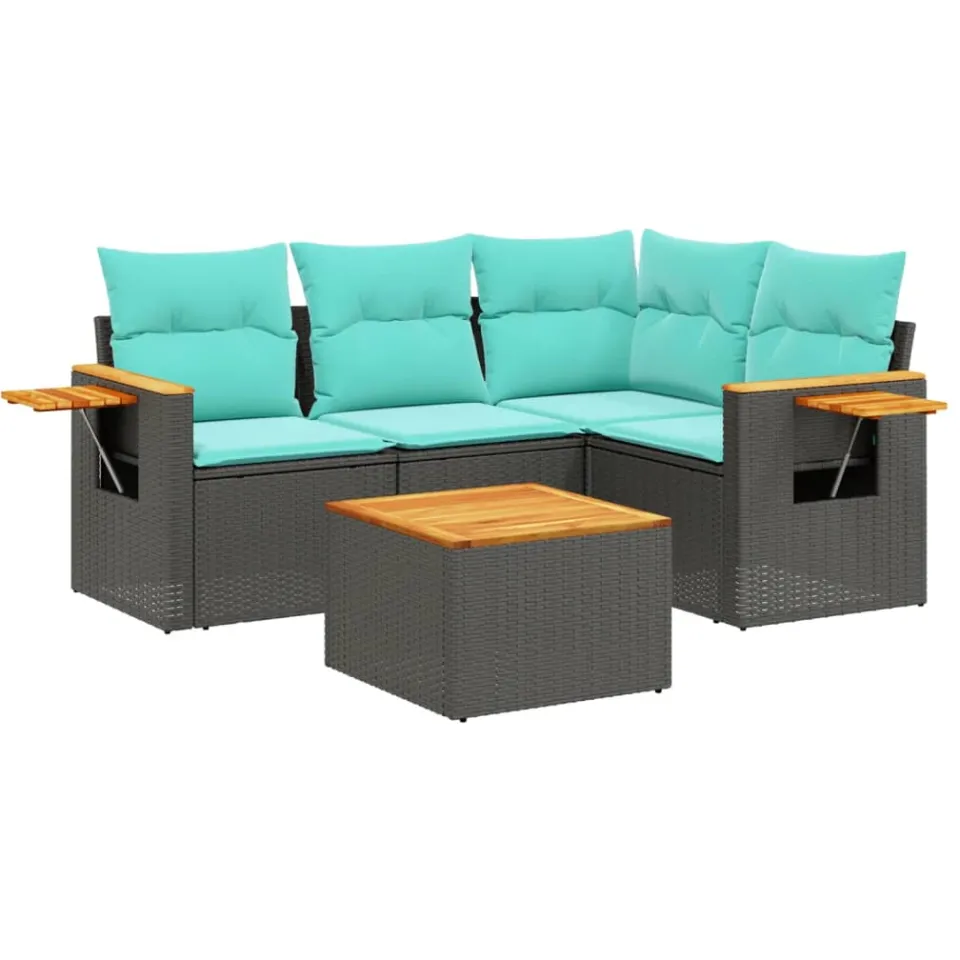 vidaXL 5-delige Loungeset met kussens poly rattan zwart, foto 3