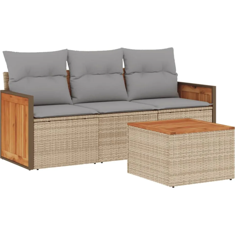vidaXL 4-delige Loungeset met kussens poly rattan beige, foto 3