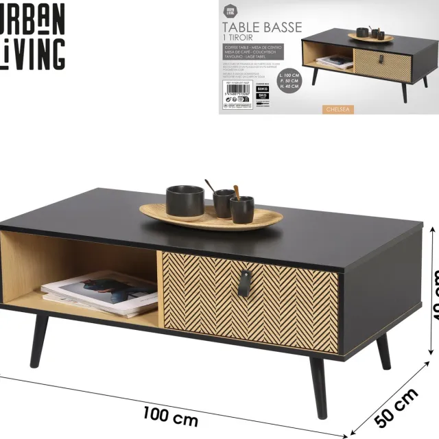 Urban Living VERFRAAIDE SALONTAFEL MET HANDVATTEN MET LEDEREFFECT 100X50XH40CM black