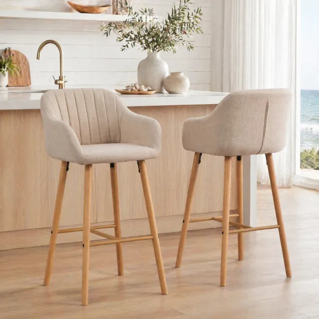MODENUIT Barkruk 58,5 x 55 x 104 cm - Hoge Rugleuning Met Armleuningen - Voor Keuken En Bar - Stof Beige