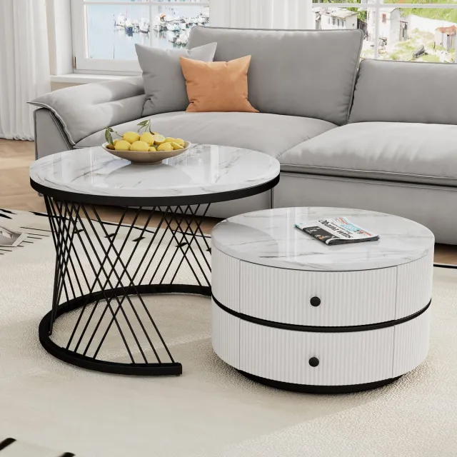 Sweiko Nesting Salontafel - Set van 2 - Hoogglans marmerlook - Rond - 2 laden - Wit Wit+Zwart