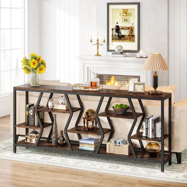 Tribesigns Consoletafel - Sidetable met houten planken in 4 niveaus - rustiek Bruin en zwart - 100 x 30 x 80 cm - Console Tafel voor Hal, Woonkamer, Entree