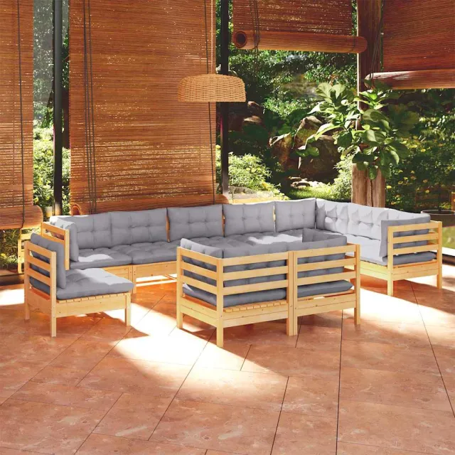 vidaXL 10-delige Loungeset met grijze kussens massief grenenhout grijs, foto 2