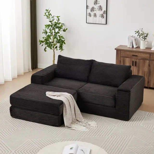 MODFU Slaapbank - 2-In-1 En Modulair - Verplaatsbare Voetsteun - Klassiek - Ribfluweel - Zwart
