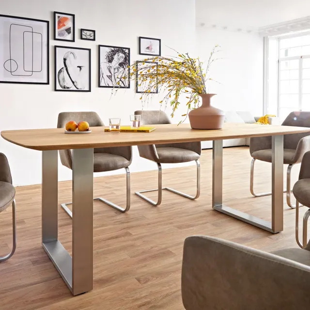 DELIFE Eetkamertafel Edge Boot eiken natuur 200x100x2,5-3 roestvrij staal smal Zwitserse rand Bruin