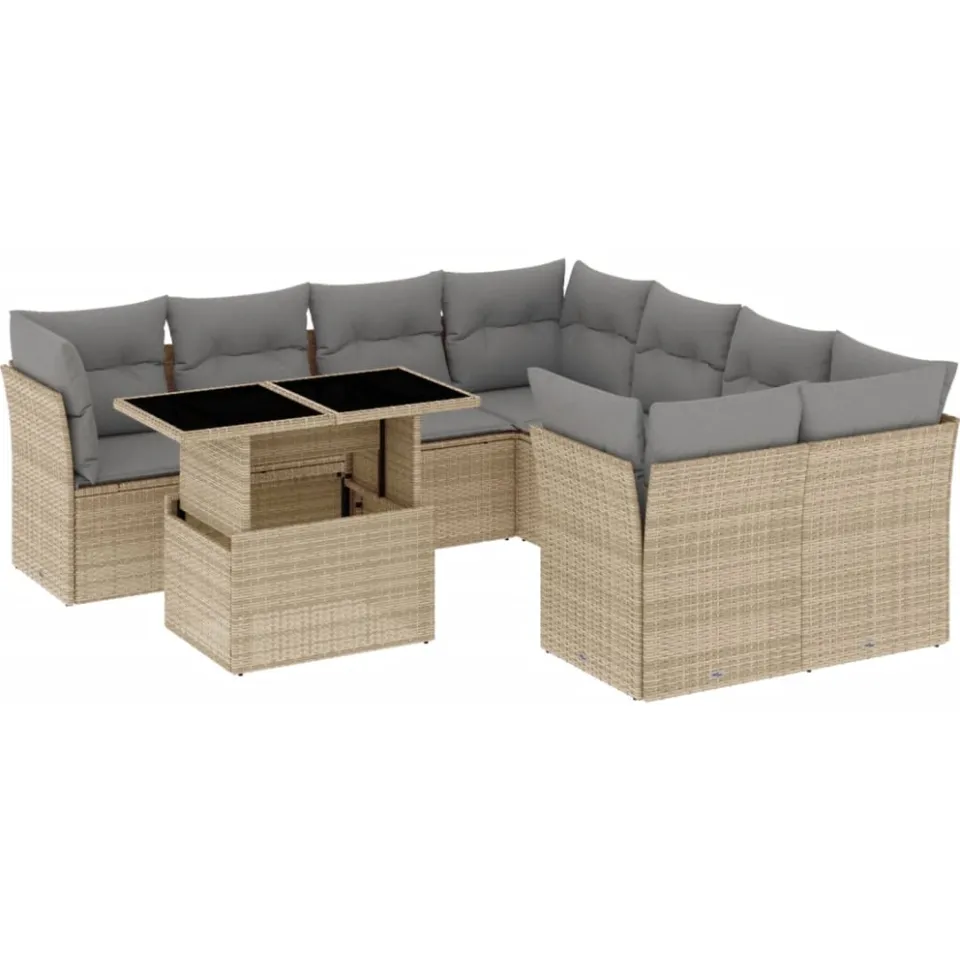 vidaXL 9-delige Loungeset met kussens poly rattan beige