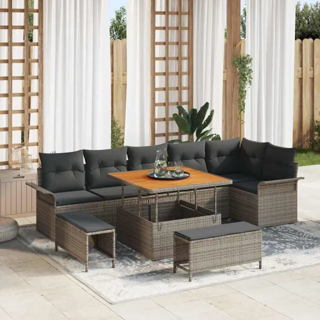 vidaXL Tuinbankenset 9 st Grijs poly rattan, foto 2