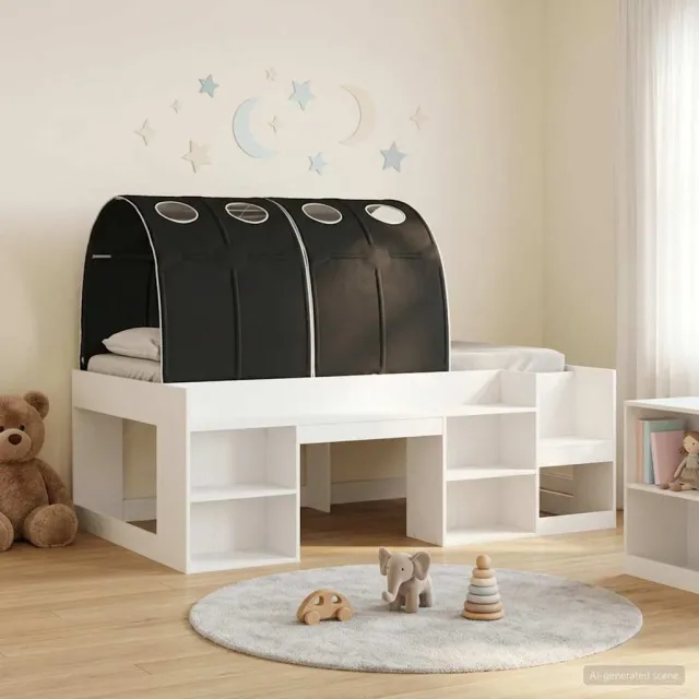 vidaXL Bedframe met tunnel met plank 3 st Wit en zwart Bewerkt hout