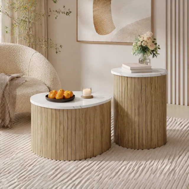 COVREO Salontafel set van 2, 60x37x38 en 40x25x50 cm, naturel wit, MDF