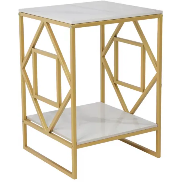 In And Outdoormatch Moderne Vierkante Bijzettafel - 2-Tier Opslag - Gesinterd Stenen Tafelblad - Metalen Frame - Stijlvol & Ruimtebesparend - Bijzettafel - Wit/goud