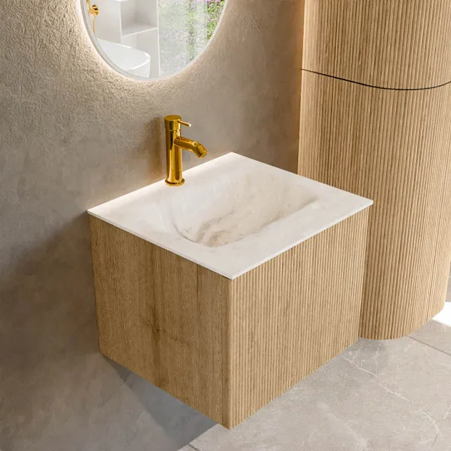 Mondiaz KURVE-DLUX 50 cm Onderkast Greeploos 1 Lade Zonder Deuren Oak, Wastafel Solid Surface Midden Frappe 1 Kraangat Zonder Spiegel (KRVGRU501L0D1KM-Oak/Fra)