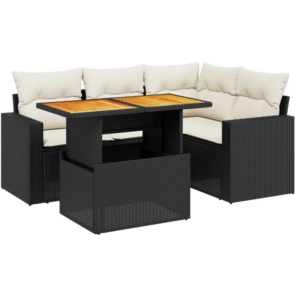 vidaXL 5-delige Loungeset met kussens poly rattan zwart