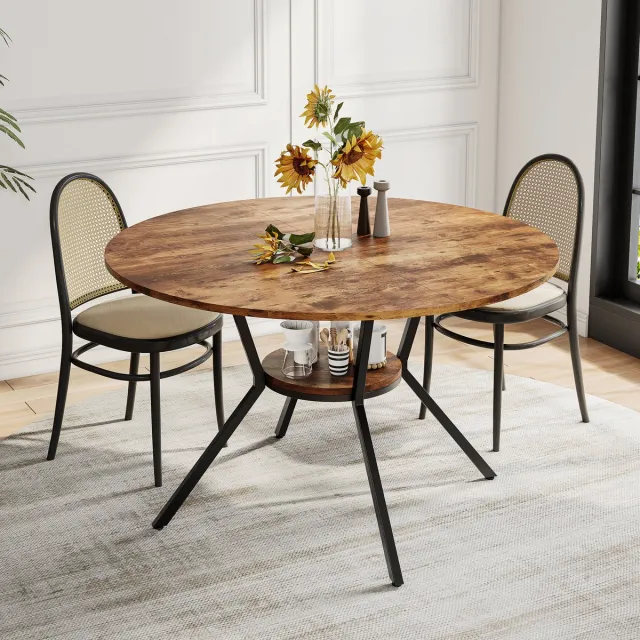 Solvenrik Ronde Eettafel Ø120 cm – Walnootlook Tafelblad met Zwarte Metalen Poten – Eettafel met Onderplank – 79 cm Hoog Bruin