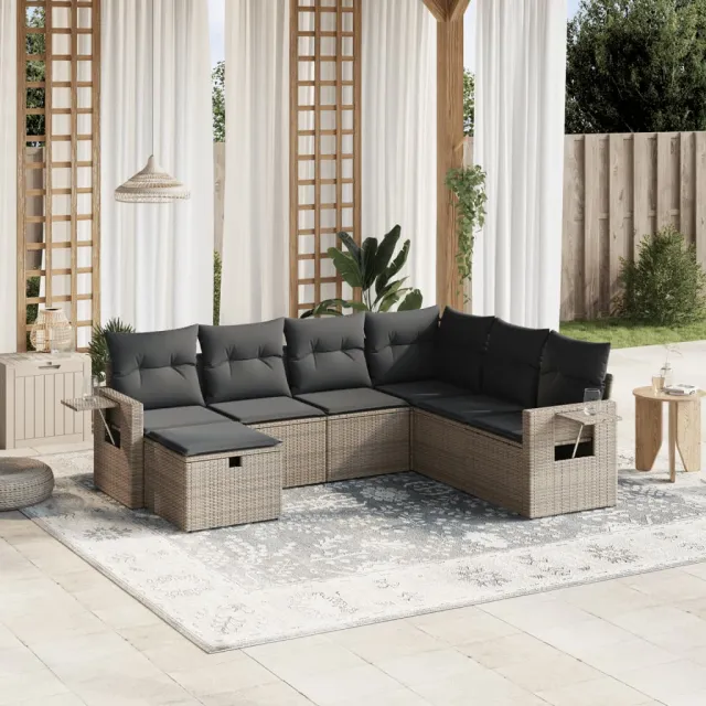 vidaXL 7-delige Loungeset met kussens poly rattan grijs, foto 2