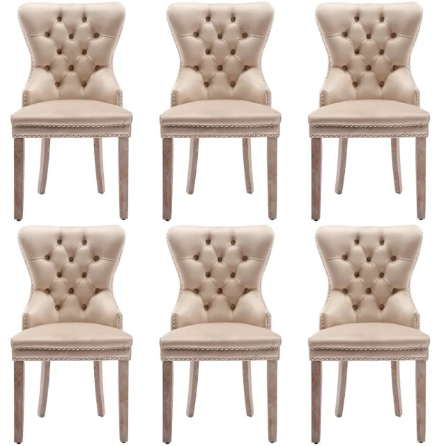ROSAHQNDA Set van 6 massief houten eetkamerstoelen met fluwelen bekleding, siernagels, geschikt voor de keuken of woonkamer, beige