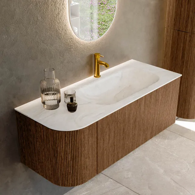 Mondiaz KURVE-DLUX 115 cm Onderkast Greeploos 1 Lade Met Deuren Walnut, Wastafel Solid Surface Rechts Ostra 1 Kraangat Zonder Spiegel (KRVBGS115L1L1D1KR-Wal/Ost)