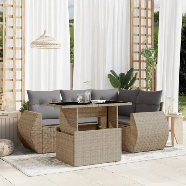 vidaXL 5-delige Loungeset met kussens poly rattan beige, foto 2
